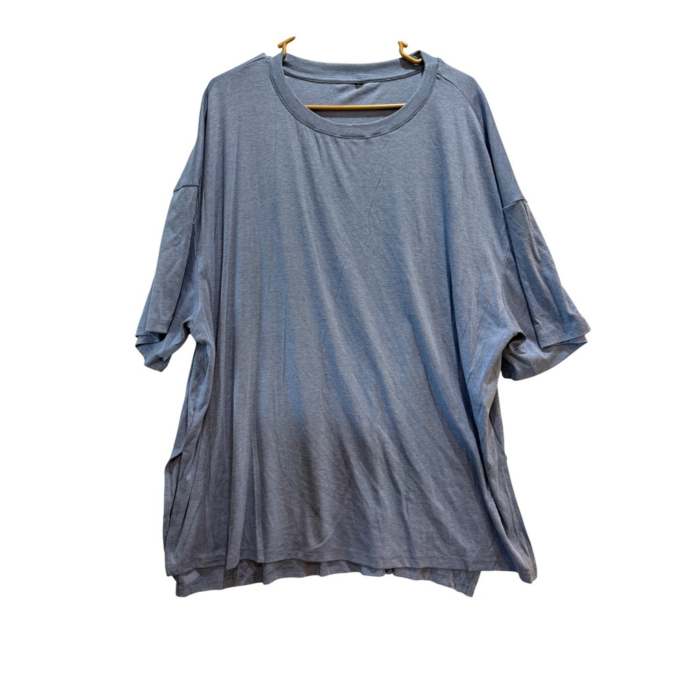 Oversized Heather Blue Side Slit Crewneck Tee Viscose Blend Short Sleeve Top